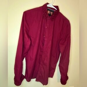 Red Button Up with Red Velvet Accented Collar and cuffs